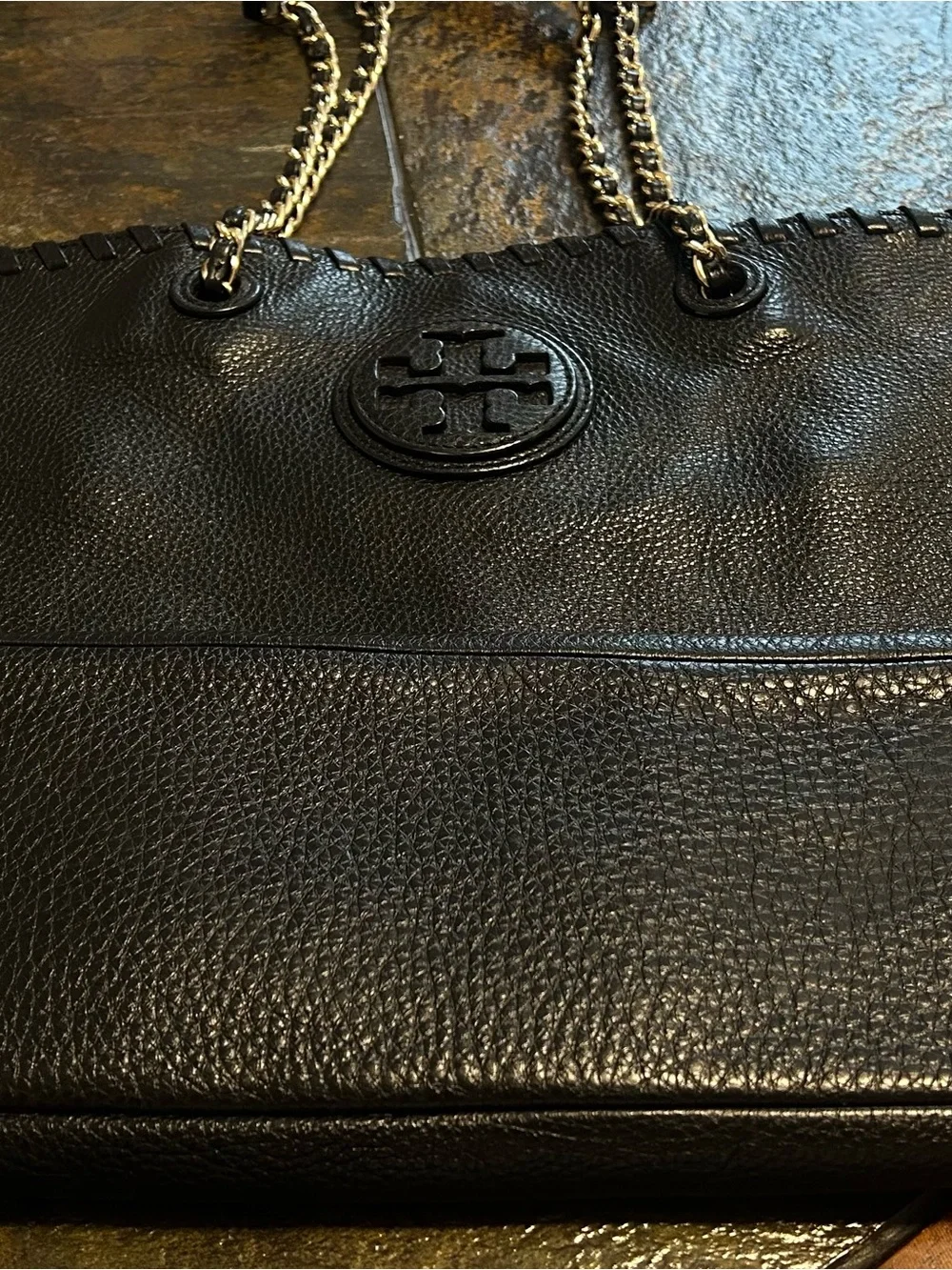 Tory Burch Black Pebbled Leather Chain-Handle Tote